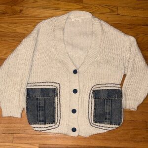 Cream Oversized Cardigan with Blue denim  Accents large women large